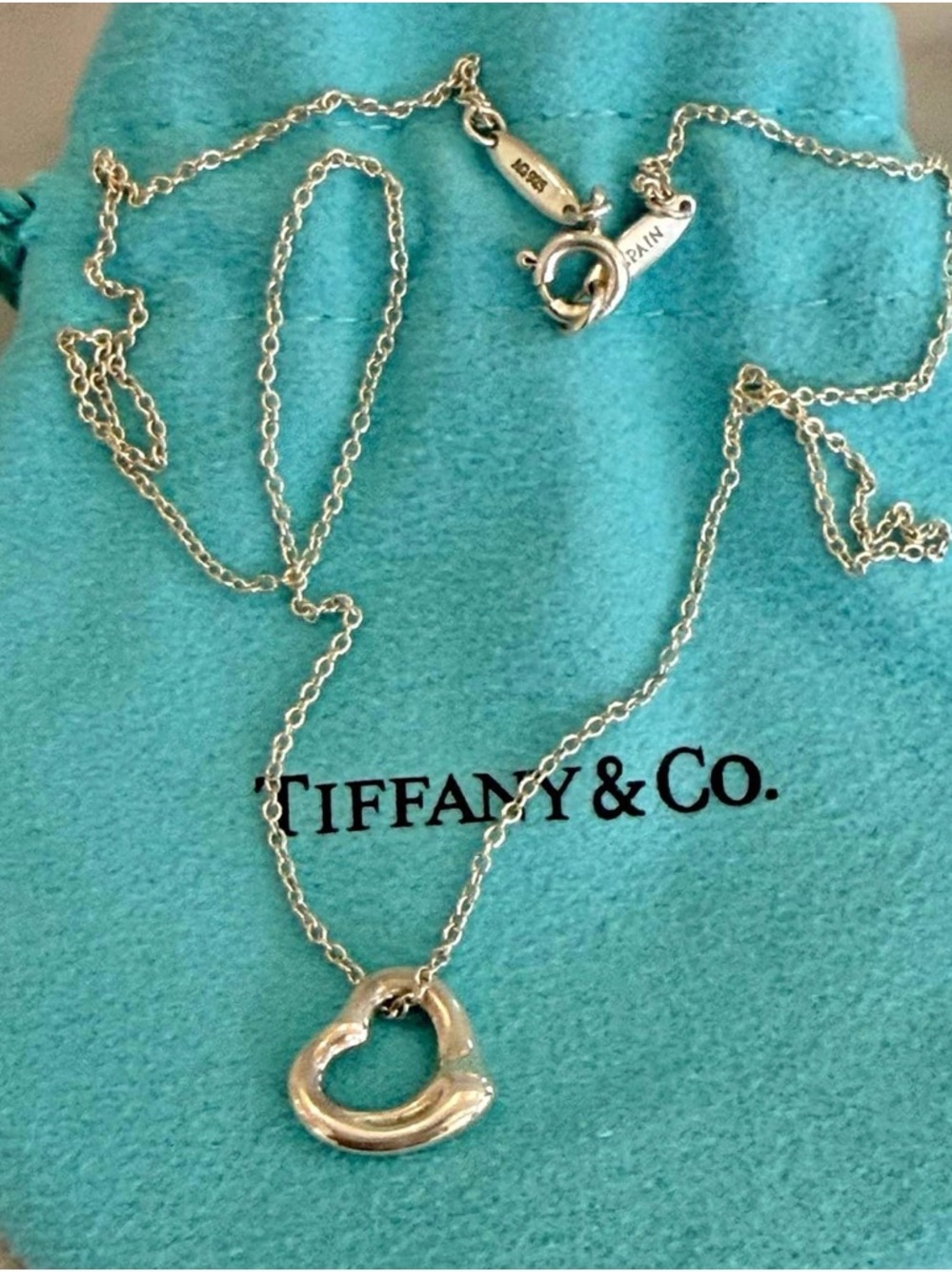 Tiffany & Co. Elsa Peretti Open Heart Necklace - Silver on Tiffany Blue